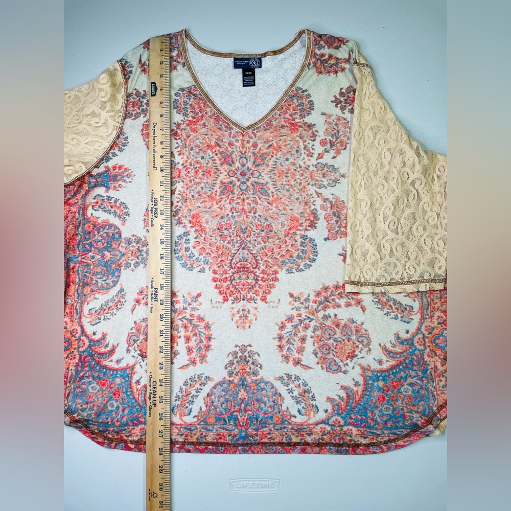 Vintage Y2K Venezia Jeans 26/28 Lace Sleeve Mesh Burnout Abstract Floral Top GUC - Picture 4 of 6